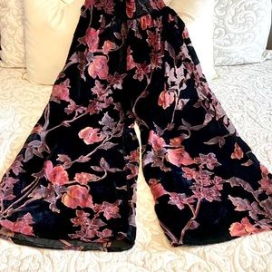 Anthropologie Wide leg velour and shear, floral pants.